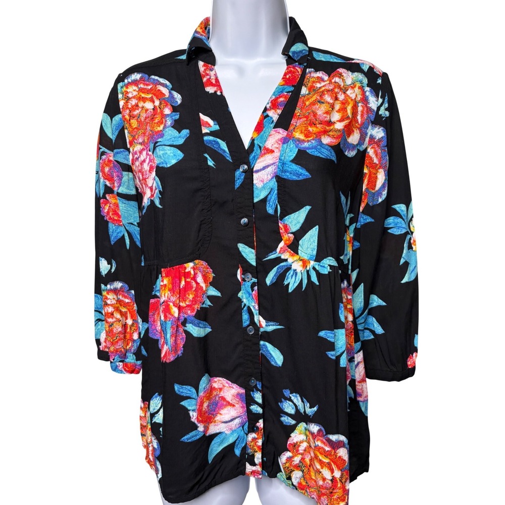 MAEVE Womens Black Floral Button Down Tunic Top Sz 4 Boho Flowy Tropical Office